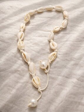 Coastal Cowrie Shell Choker Necklace Cream Pearl Charm Handmade